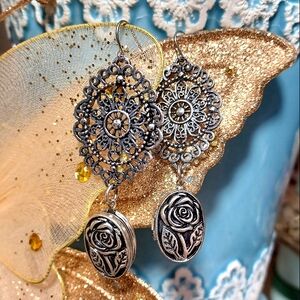 Elegant Silver Metal Rose Floral Picture Frame Dangle Earrings Jewelry